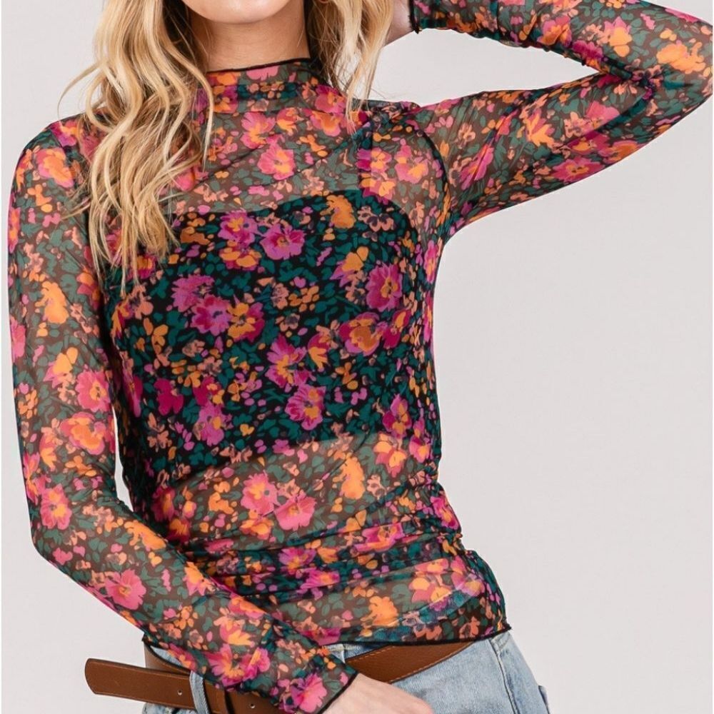 SAGE + FIG Floral Mesh Long Sleeve Top sz M